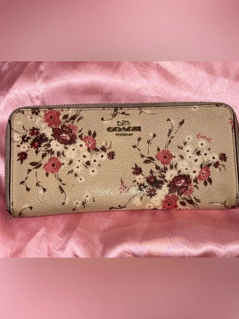 Coach Cream Floral Zip-Around Wallet with Pink Accents